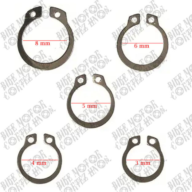 Imagen de Anillo Arandela Seguro Retencion para Eje  4 5 6 8 mm  Yamaha Dtk125 Dtk175 Calimatic Dte Trail Rx100 Rx115 Rx125 Rx135  Suzuki Ts125 Ts185 Ax100 Gixxer  Dr200 Honda Tornado Xr250